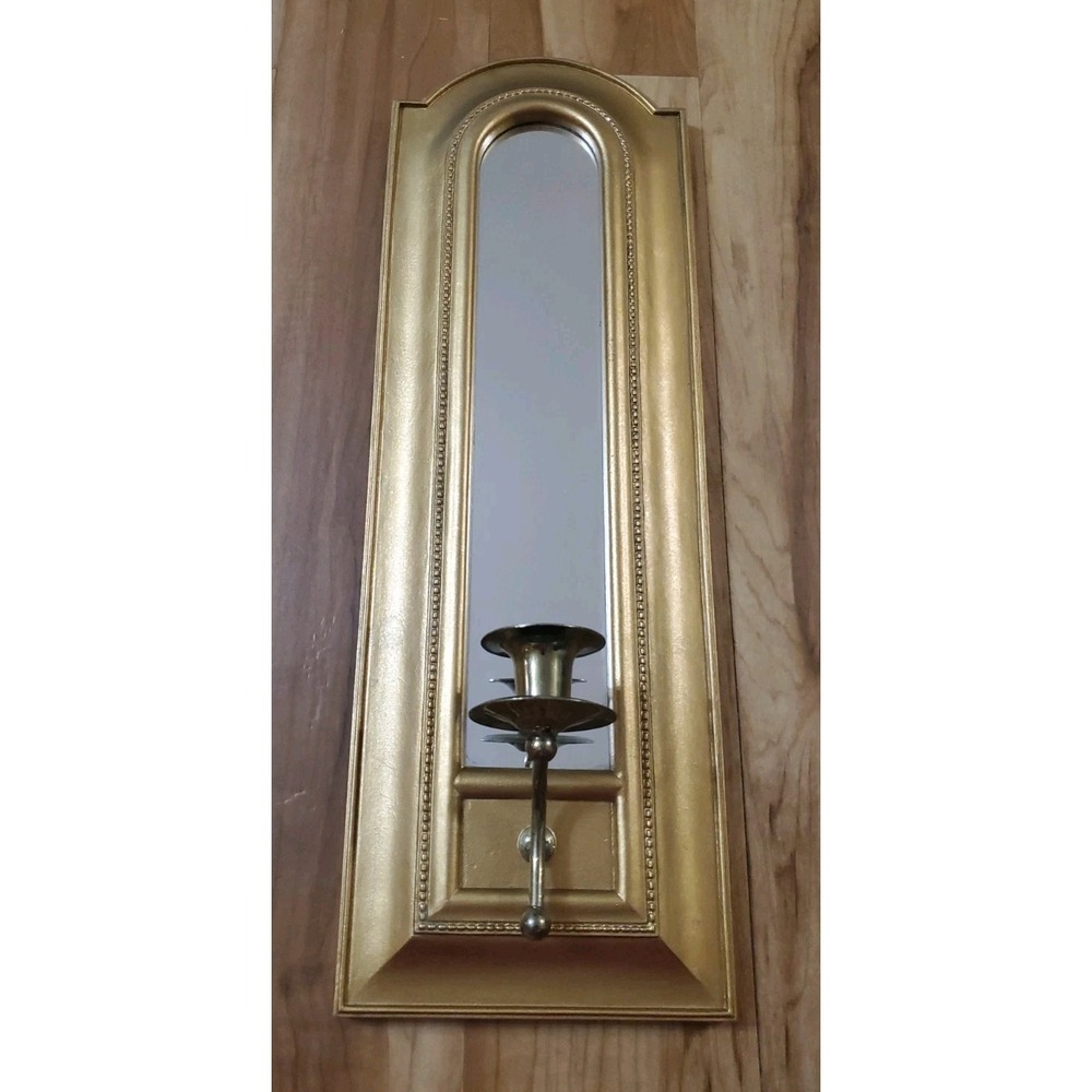 Vintage Homco Home Interiors Gold Arched Mirror Wall Sconce Candle Holder Single
